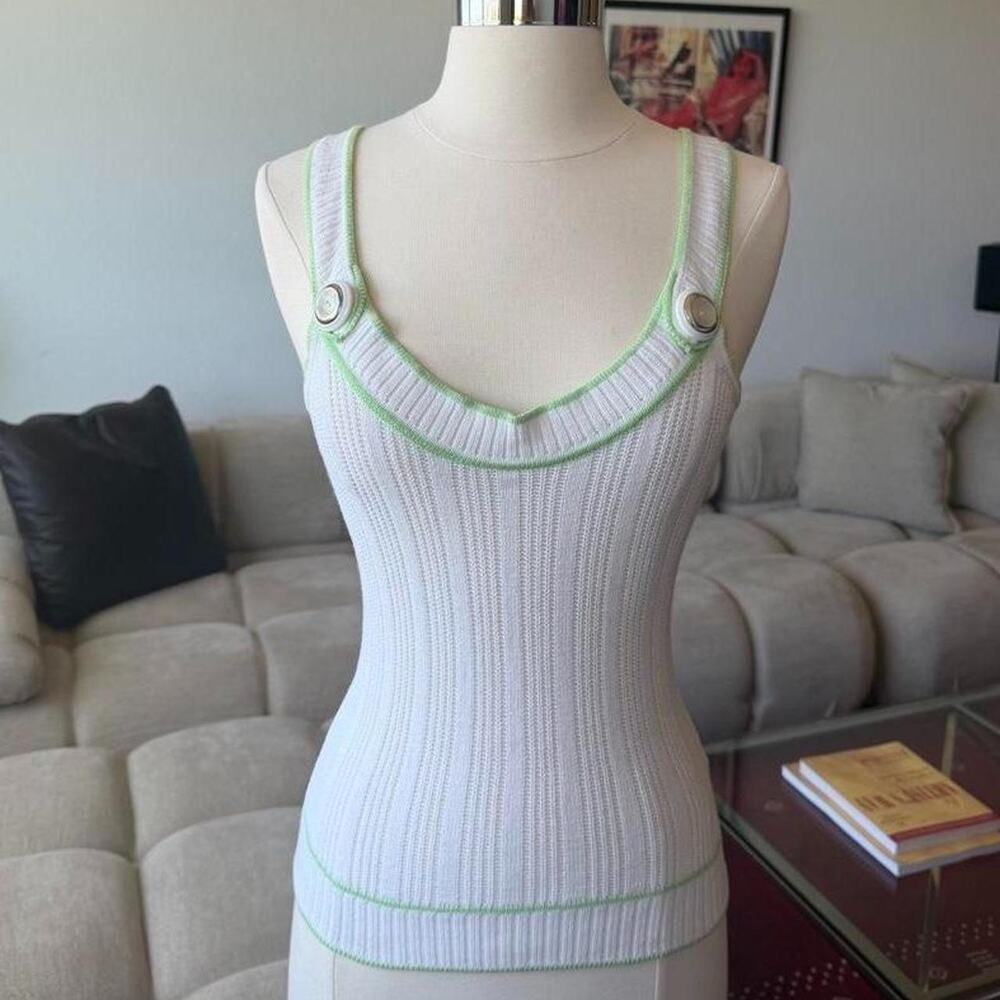 Dolce & Gabbana Ribbed Knit White Tank Top Green Trim